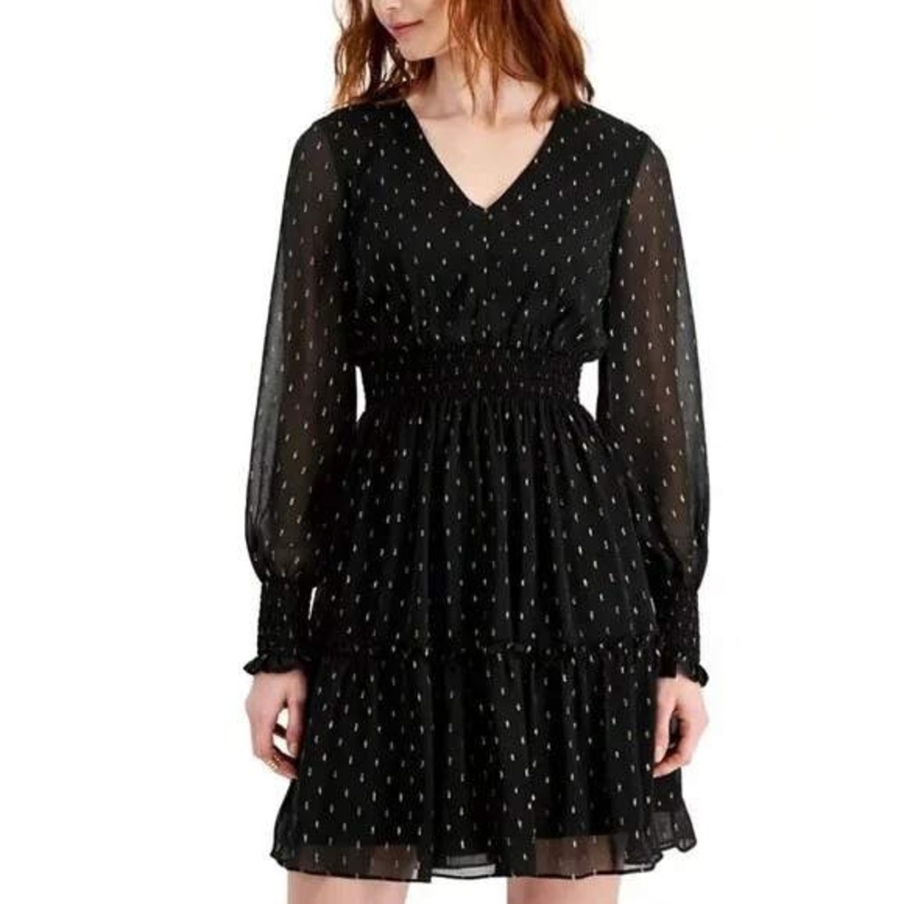 Taylor Mini Dress Womens 14 Black Gold Metallic Clip Dot Whimsigoth Festive